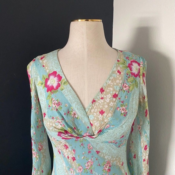 Carrie Hutton Y2K V-Neck Floral Flowy Midi Dress Cut Out Sleeves - Picture 3 of 15